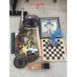 AN ASSORTMENT OF VINTAGE ITEMS TO INCLUDE A CHESS SET, VINTAGE BINOCULARS AND AN IRON ETC
