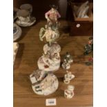 AN ASSORTMENT OF MEISSEN CERAMIC FIGURES TO INCLUDE TWO CHERUBS WITH A PAIR OF DOVES (SOME A/F)