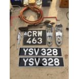 THREE TRACTOR NUMBER PLATES AND OTHER VINTAGE TOOLS ETC
