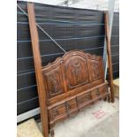 A FRENCH STYLE HARDWOOD DOUBLE BEDSTEAD, 5', WITH CARVED FOLIATE DECORATION