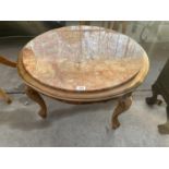 A CIRCULAR VICTORIAN STYLE LOW TABLE, 31" DIAMETER, WITH INSET COMPOSITE MARBLE TOP