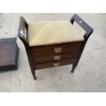 A MAHOGANY PIANO STOOL WITH THREE DRAWERS