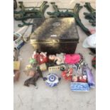 A VINTAGE METAL TOOL CHEST AND CERAMIC FIGURES ETC