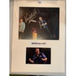 TWO PHOTOGRAPHS OF KEITH DELLER DARTS CHAMPION ONE WITH HIS SIGNATURE IN A MOUNT COMPLETE WITH