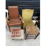 TWO FIRESIDE CHAIRS, KITCHEN CHAIR AND THREE STOOLS