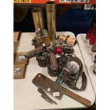 A VARIETY OF COLLECTABLE ITEMS TO INCLUDE TWO VINTAGE BLOW TORCHES, TWO BRASS TRENCH ART SHELL