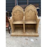 A PINE CEREMONIAL THRONE TYPE DOUBLE CHAIRS LINKED ON PLATEAU BASE WITH ARCHED BACKS AND LIFT-UP