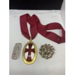 THREE ITEMS TO INCLUDE TWO DECORATIVE BROOCHES POSSIBLY SILVER AND AN ENAMEL CROSS OF ST GEORGE ON A