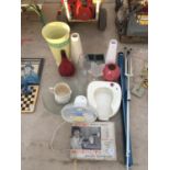 AN ASSORTMENT OF GLASS AND CERAMIC WARE TO INCLUDE A BED PAN AND A PORTABLE LIGHTING UNIT ETC