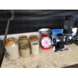 AN ASSORTMENT OF KITCHEN WARE TO INCLUDE A BLENDER, SCALES AND STONE WARE JARS ETC