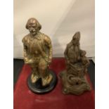 A SPELTER FIGURINE IN THJE FORM OF MR BUMBLE AND A BRASS FIGURINE IN THE FORM OF WILLIAM SHAKESPEARE