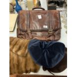 A PAIR OF SOFT LEATHER VINTAGE SATCHELS, TWO HATS AND A FUR STOLE