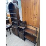 THREE ITEMS - A TALL NARROW OAK DRESSER WITH TWO DOORS AND UPPER SHELVING, AN OAK MAGAZINE RACK