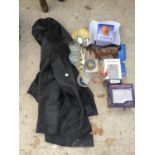 VARIOUS ITEMS TO INCLUDE A LEATHER JACKET, BRASS SIEVE AND A ONE LEGGED HORSE ETC