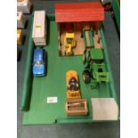 A WOODEN FIELD LAYOUT WITH WOODEN IMPLEMENT SHED, A JOHN DEERE 6920 LOADER TRACTOR, A FORKLIFT TRUCK