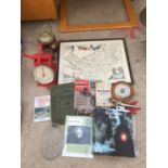 A QUANTITY OF VINTAGE ITEMS TO INCLUDE ROYAL ENFIELD MOTOR CYCLE BOOKS, A MAP OF LANCASTER AND
