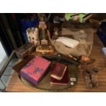 VARIOUS ITEMS TO INCLUDE A VINTAGE WOODEN MONEY BOX AND A LARGE TRAY ETC