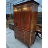 A 19TH CENTURY INLAID MAHOGANY LINEN PRESS WITH TWO DOORS ENCLOSING FIVE LINEN SLIDES AND TWO