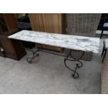 A 20TH CENTURY MARBLE TOP CONSOLE TABLE ON A CAST IRON BASE