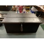 A BLACK WOODEN DEED BOX