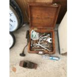 A VINTAGE WOODEN BOX TO INCLUDE VINTAGE PLANE AND SEVERAL SPANNERS ETC.