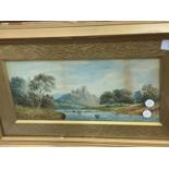 A FRAMED WATER COLOUR OF A CASTLE UPON A HILL WITH A RIVER SCENE IN THE FOREGROUND
