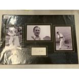 THREE MOUNTED BLACK AND WHITE PHOTOGRAPHS OF ENGLAND CRICKETER LEN HUTTON AND HIS AUTOGRAPH COMPLETE
