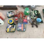 AN ASSORTMENT OF GARDEN TOOLS TO INCLUDE WATERING CANS AND SHEERS ETC