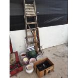 AN ASSORTMENT OF GARDEN TOOLS TO INCLUDE WOODEN STEP LADDERS AND HANGING BASKET BRACKETS ETC