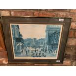 A METAL FRAMED PRINT OF A LANCASHIRE STREET SCENE SIGNED TOM DODSON