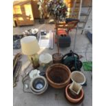 AN ASSORTMENT OF GARDEN ITEMS TO INCLUDE PLANTERS AND TWO TABLE LAMPS ETC