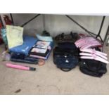 AN ASSORTMENT OF LADIES ITEMS TO INCLUDE HANDBAGS, HANGERS AND UMBRELLAS ETC