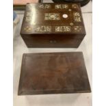 A VINTAGE WOODEN SEWING BOX INLAID WITH MOTHER OF PEARL AND A FURTHER WOODEN HINGED BOX