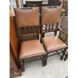 A PAIR OF EARLY 20TH CENTURY OAK DINING CHAIRS ON BARLEYTWIST LEGS AND STRETCHERS