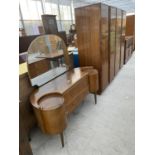 A MID 20TH CENTURY SHINY WALNUT THREE PIECE BEDROOM SUITE COMPRISING TWO WARDROBES AND A DRESSING