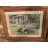 A WOODEN FRAMED PRINT OF A BATSMAN SLEEPING AT A CRICKET MATCH SIGNED JOHN HAYSOM