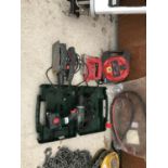 A BOSCH PSR14,4-2 CORDLESS DRILL WITH JIGSAW, SANDER, EXTENSION LEAD, BELIEVED IN WORKING ORDER