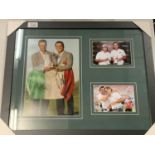 THREE FRAMED COLOUR PHOTOGRAPHS, ONE SIGNED, OF THE GOLFINGG MOLINARI BROTHERS COMPLETE WITH