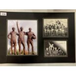 THREE MOUNTED PHOTOGRAPHS, TWO SIGNED BY GEORGE BEST DENNIS LAW AND SIR BOBBY CHARLTON COMPLETE WITH
