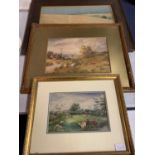 TWO GILT FRAMED PRINTS OF PASTORAL SCENES AND A WOODEN FRAMED PRINT OF A POPPY FIELD