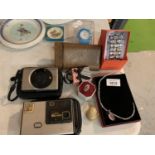 AN ASSORTMENT OF ITEMS TO INCLUDE TWO CAMERAS, A WRISTWATCH AND A WIDE BANGLE ETC