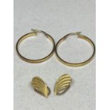 TWO PAIRS OF 9 CARAT GOLD EARRINGS ONE LARGE HOOPS FOR PIERCED EARS AND ONE TEARDROP CLIP ON