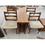 A RETRO TEAK DROP LEAF DINING TABLE AND FOUR CHAIRS