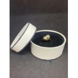 A DECORATIVE RING WITH TWO CLEAR STONE FLOWERS IN A PRESENTATION BOX