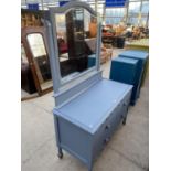 A BLUE PAINTED DRESSING TABLE WITH TWO SHORT AND ONE LONG DRAWER AND UPPER MIRROR