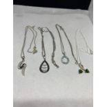 FOUR VARIOUS SILVER NECKLACES TO INCLUDE CLEAR, GERRN AND BLUE STONE EXAMPLES