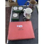 A VINTAGE BOOTS FIRST AID KIT, TANKARD, BAROMETER ETC