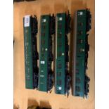 FOUR GREEN PASSENGER CARRIAGES TO INCLUDE A BUFFET CART ETC