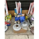 A LARGE ASSORTMENT OIF CAR PARTS TO INCLUDE BRAKE DISCS, PADAS, FUEL FILTERS AND WINDSCREEN WIPERS