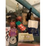 VARIOUS ITEMS TO INCLUDE A SODA SYPHON, VINTAGE TINS, A SILVER PLATE CANDLESTICK ETC